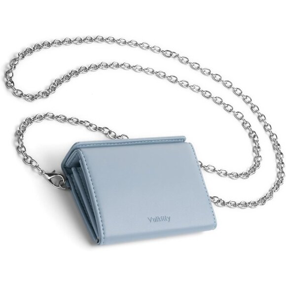 Women Blue Minimalist Magnetic Closure Pouch Change Wallet with Chain Strap - Picture 1 of 6